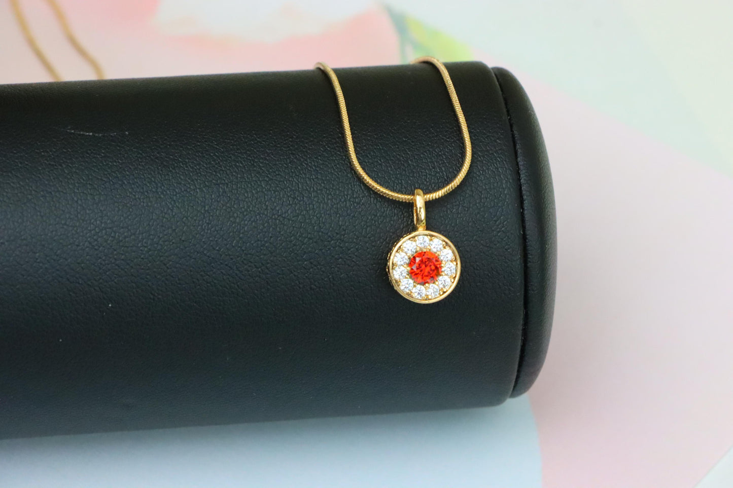 Round Red Center Pendant with Crystal Halo in Rose Gold, XPPT1592 (2146-9)