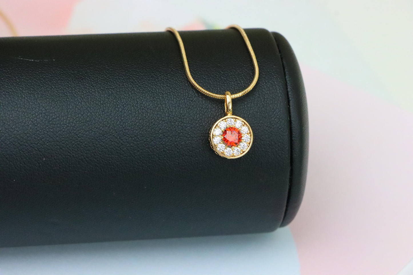 Round Red Center Pendant with Crystal Halo in Rose Gold, XPPT1592 (2146-9)