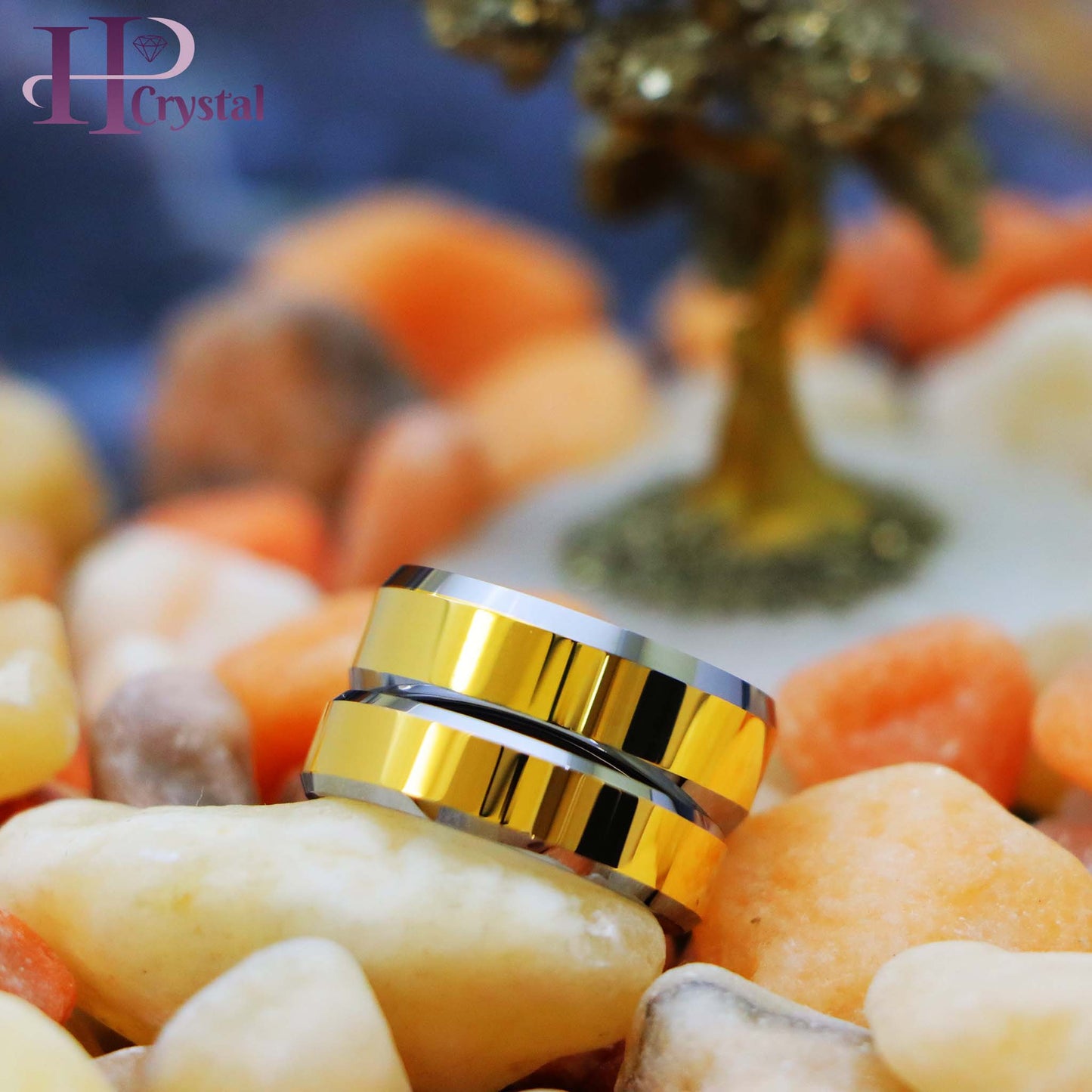 Polished Shiny Gold Plated Center & Beveled Edge Tungsten Ring