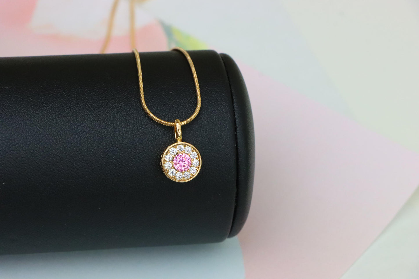 Round Pink Center Pendant with Clear Crystal Halo, XPPT1593 (2146-9)