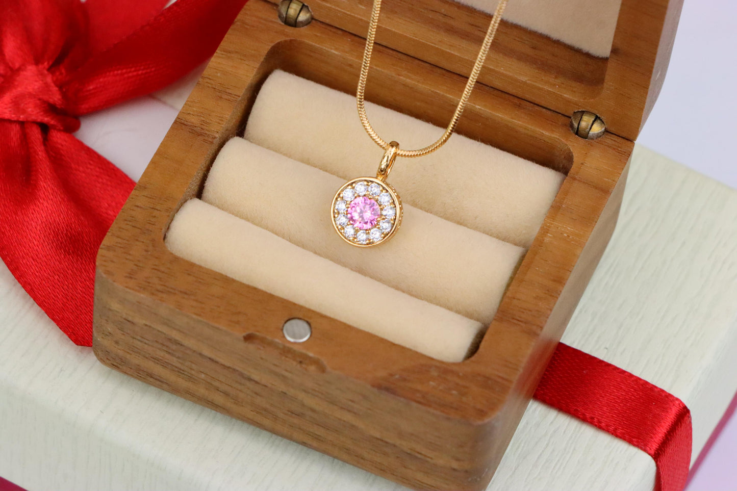 Round Pink Center Pendant with Clear Crystal Halo, XPPT1593 (2146-9)