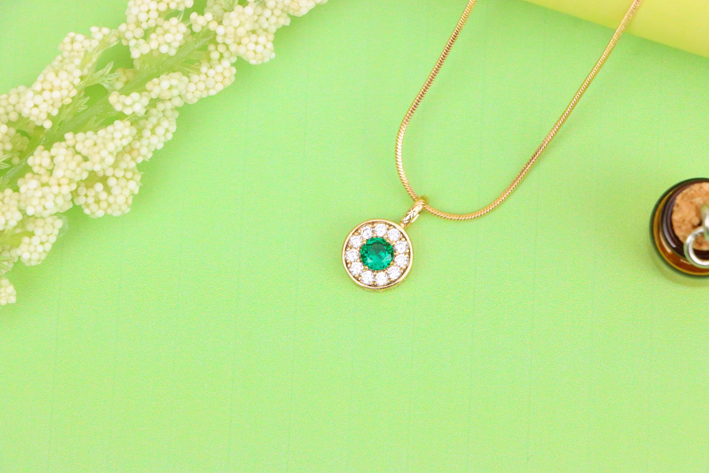 Green Crystal Halo Pendant in Rose Gold – Round Design, XPPT1596 (2146-9)