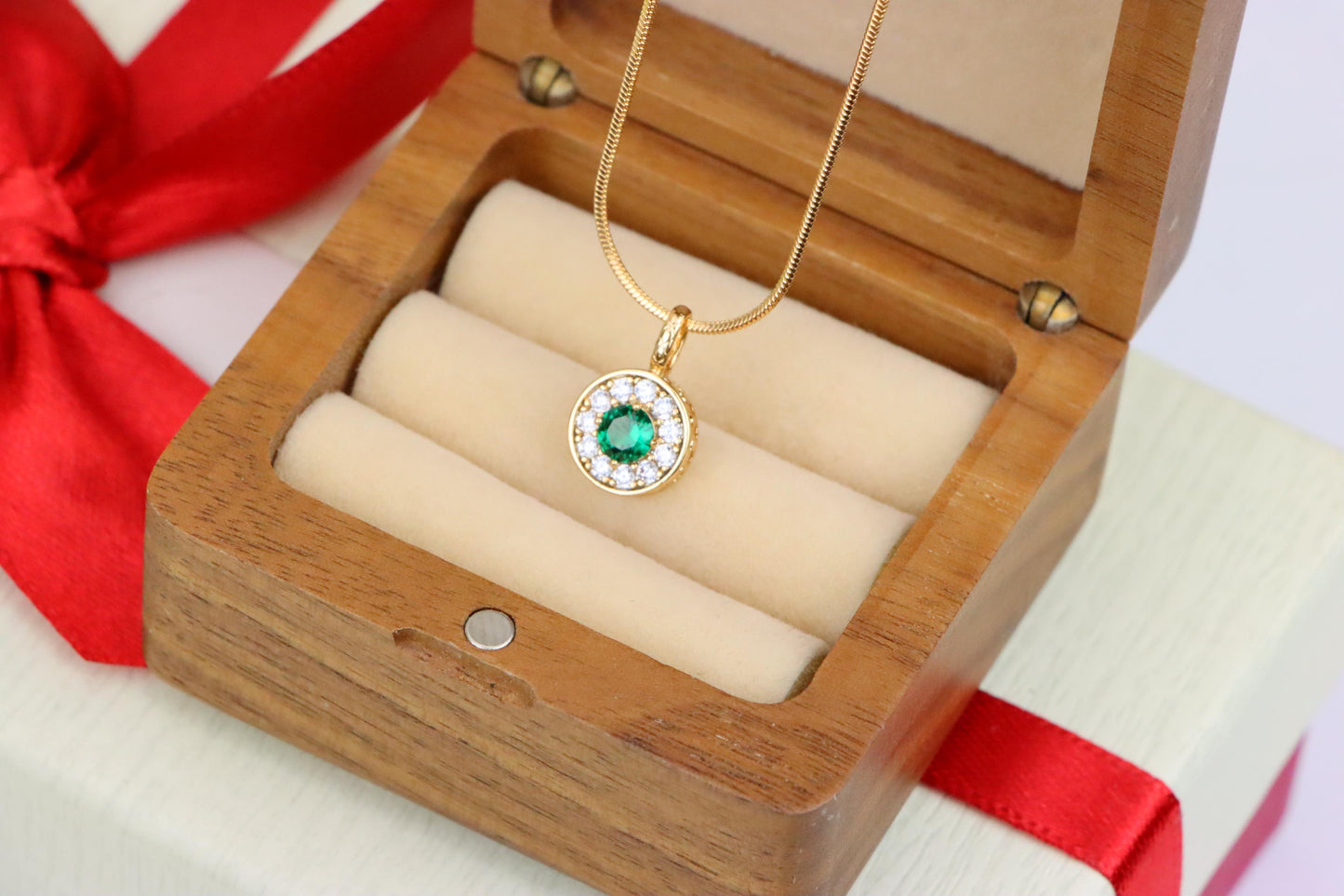 Green Crystal Halo Pendant in Rose Gold – Round Design, XPPT1596 (2146-9)