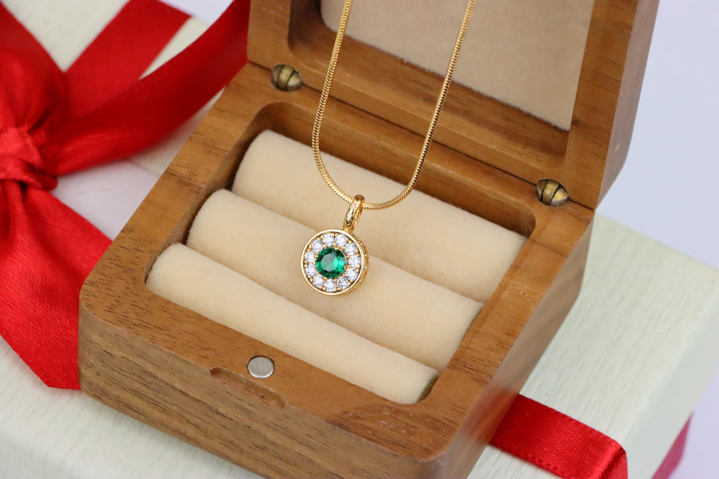 Green Crystal Halo Pendant in Rose Gold – Round Design, XPPT1596 (2146-9)