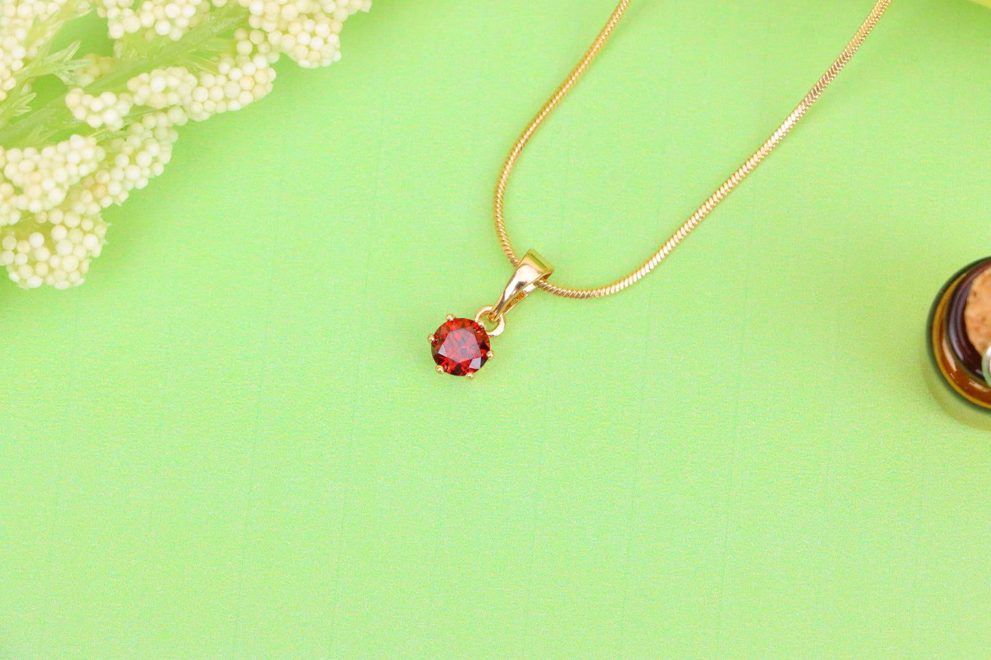 Tiny Round Red Stone Rose Gold Pendant – Minimalist Design, XPPT1600 (2147-3)