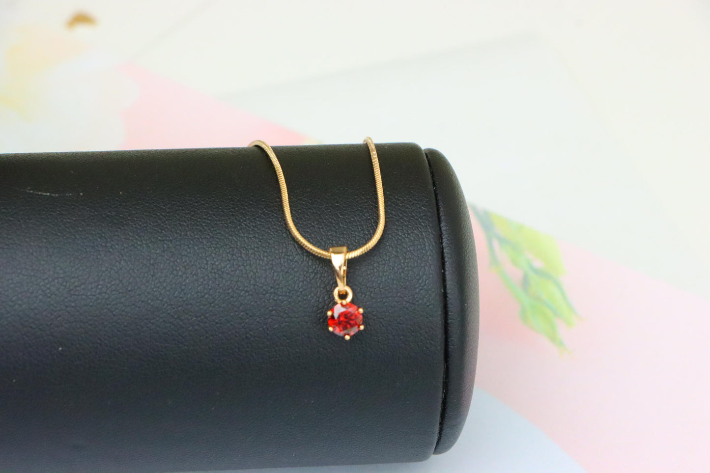 Tiny Round Red Stone Rose Gold Pendant – Minimalist Design, XPPT1600 (2147-3)