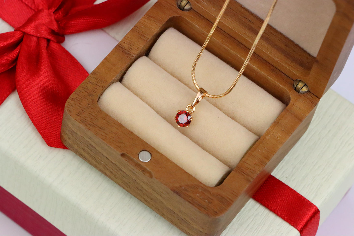Tiny Round Red Stone Rose Gold Pendant – Minimalist Design, XPPT1600 (2147-3)