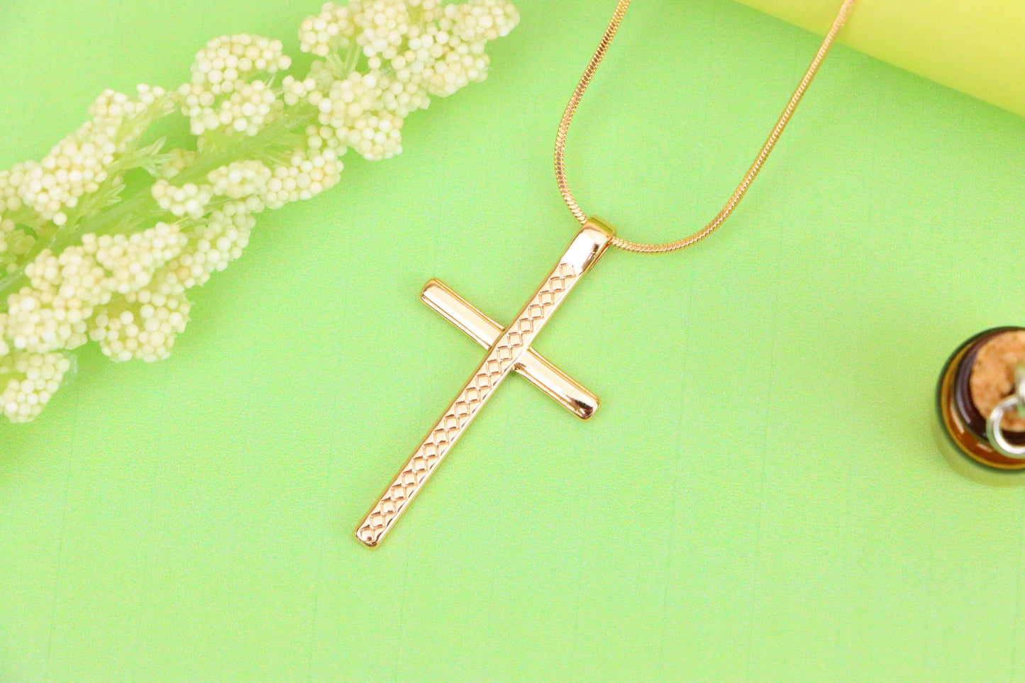 Elegant Long Cross Rose Gold Pendant with Subtle Diamond Pattern Design, XPPT1601 (2147-4)