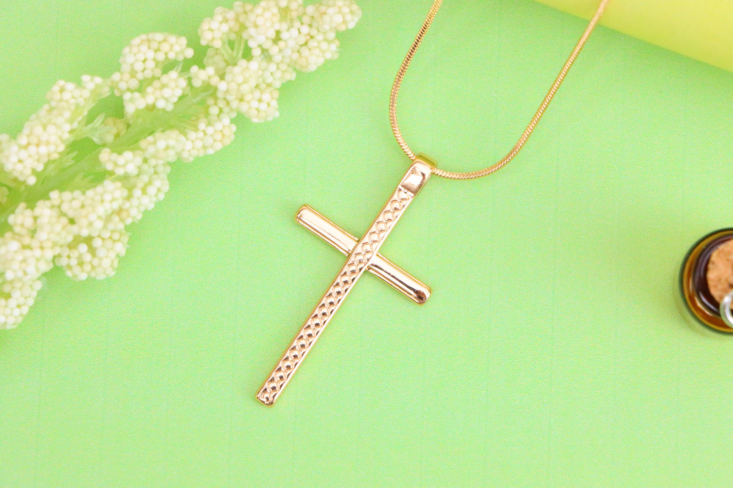 Elegant Long Cross Rose Gold Pendant with Subtle Diamond Pattern Design, XPPT1601 (2147-4)