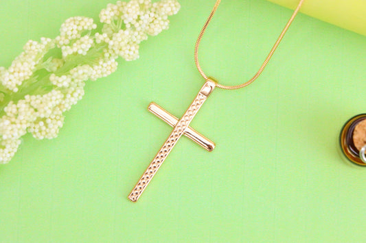 Elegant Long Cross Rose Gold Pendant with Subtle Diamond Pattern Design, XPPT1601 (2147-4)