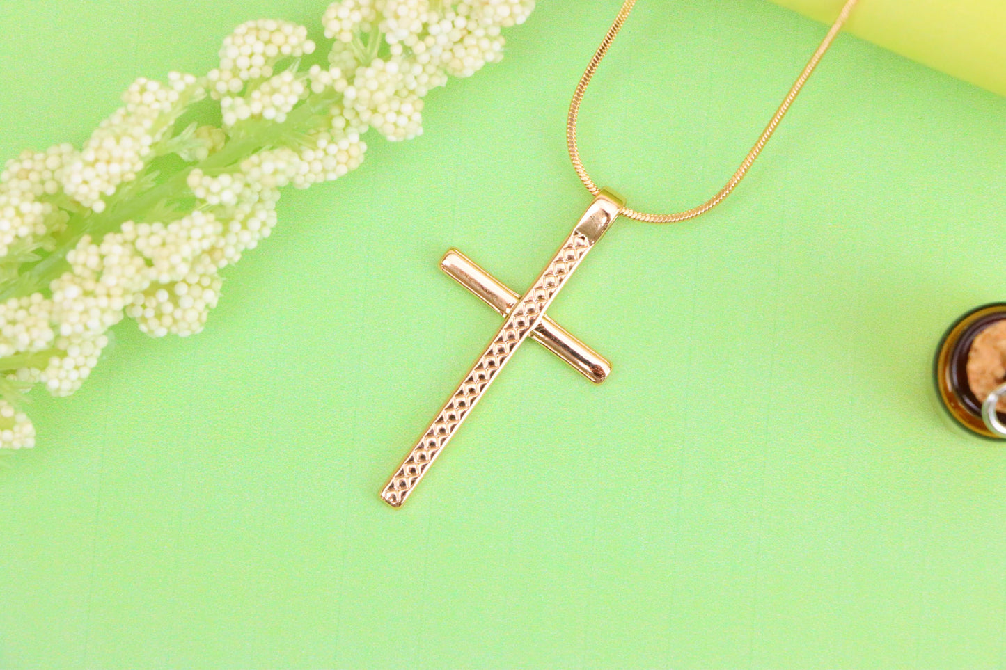 Elegant Long Cross Rose Gold Pendant with Subtle Diamond Pattern Design, XPPT1601 (2147-4)