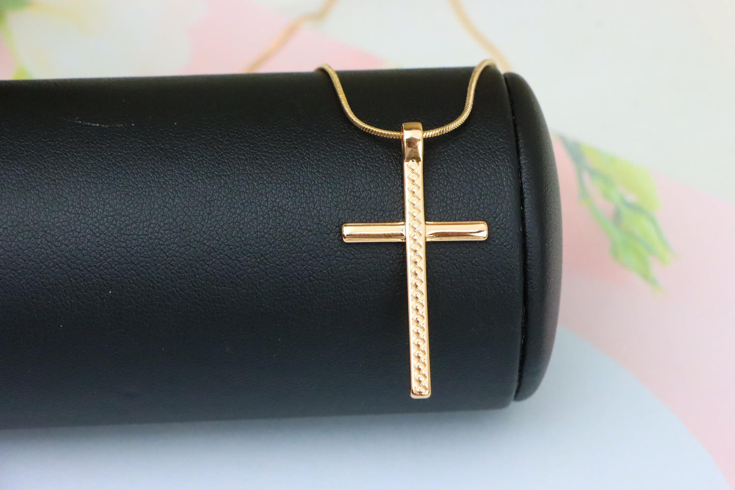 Elegant Long Cross Rose Gold Pendant with Subtle Diamond Pattern Design, XPPT1601 (2147-4)