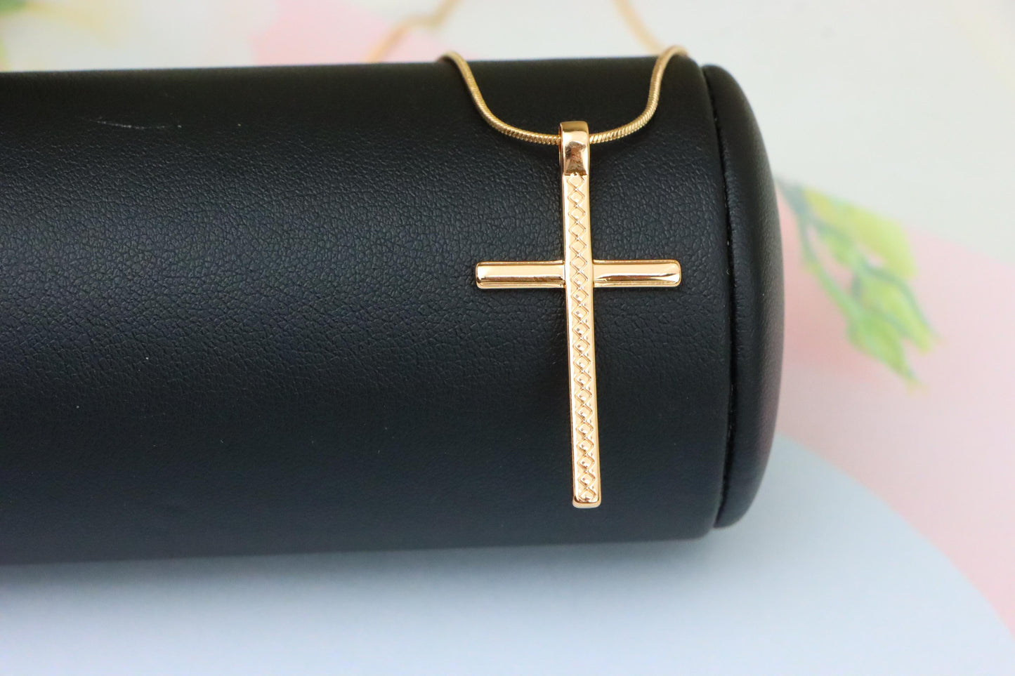 Elegant Long Cross Rose Gold Pendant with Subtle Diamond Pattern Design, XPPT1601 (2147-4)
