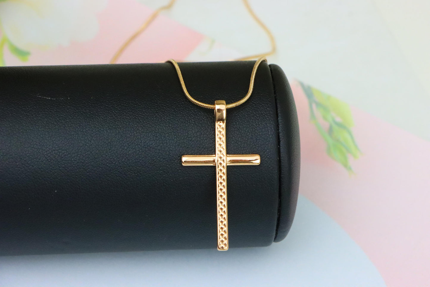 Elegant Long Cross Rose Gold Pendant with Subtle Diamond Pattern Design, XPPT1601 (2147-4)