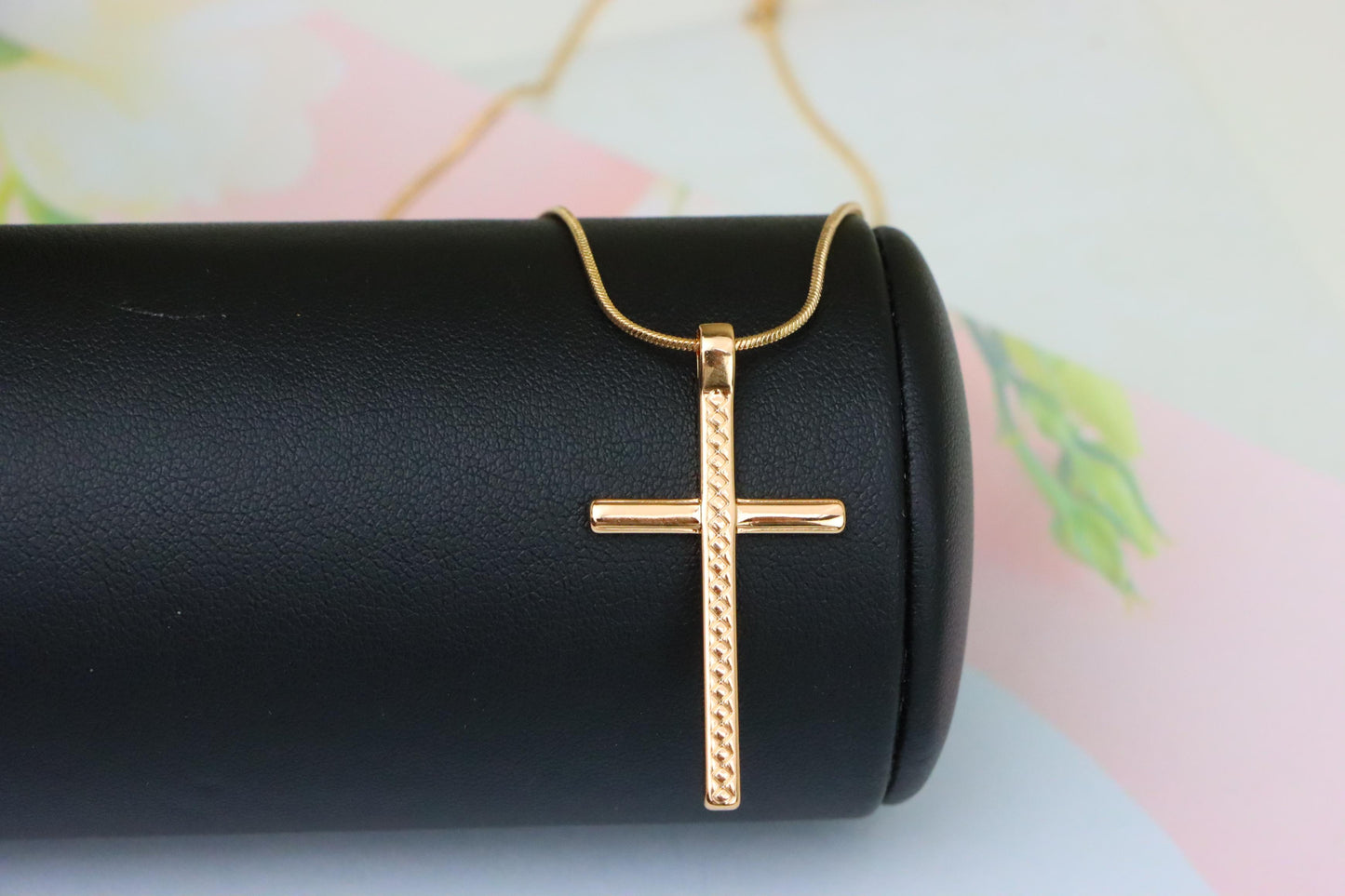 Elegant Long Cross Rose Gold Pendant with Subtle Diamond Pattern Design, XPPT1601 (2147-4)