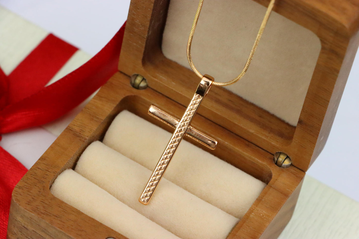 Elegant Long Cross Rose Gold Pendant with Subtle Diamond Pattern Design, XPPT1601 (2147-4)