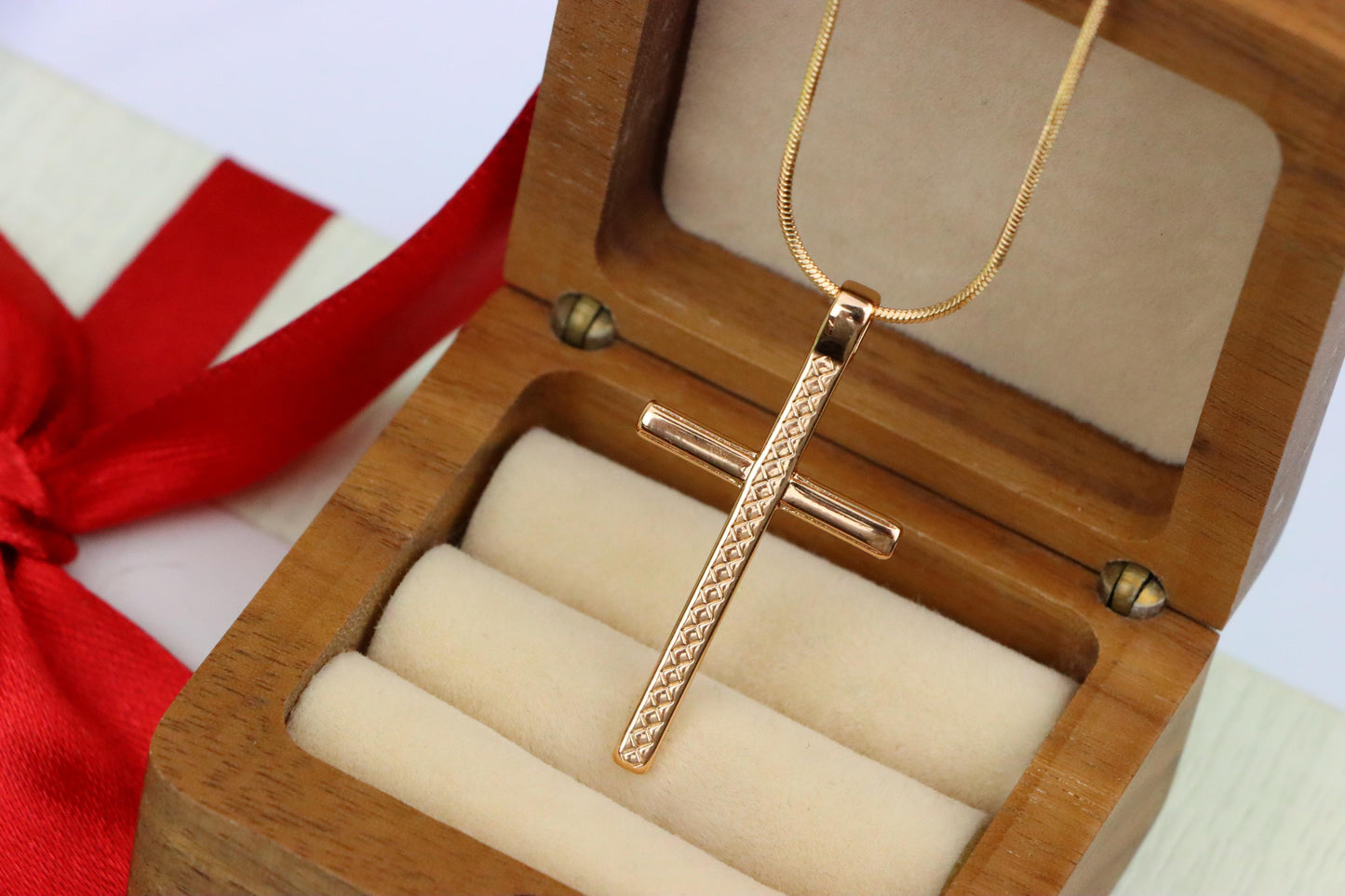 Elegant Long Cross Rose Gold Pendant with Subtle Diamond Pattern Design, XPPT1601 (2147-4)