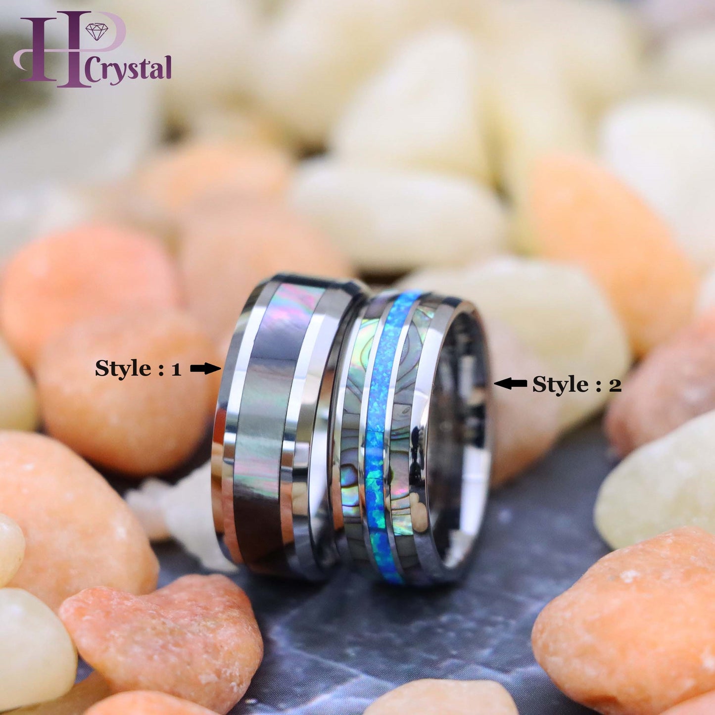 Natural Dark Mother of Pearl Inlay Beveled Edge Tungsten Ring, Domed Ring with Opal & Mother of Pearl Inlay Tungsten Ring - Men's Fashion Jewelry