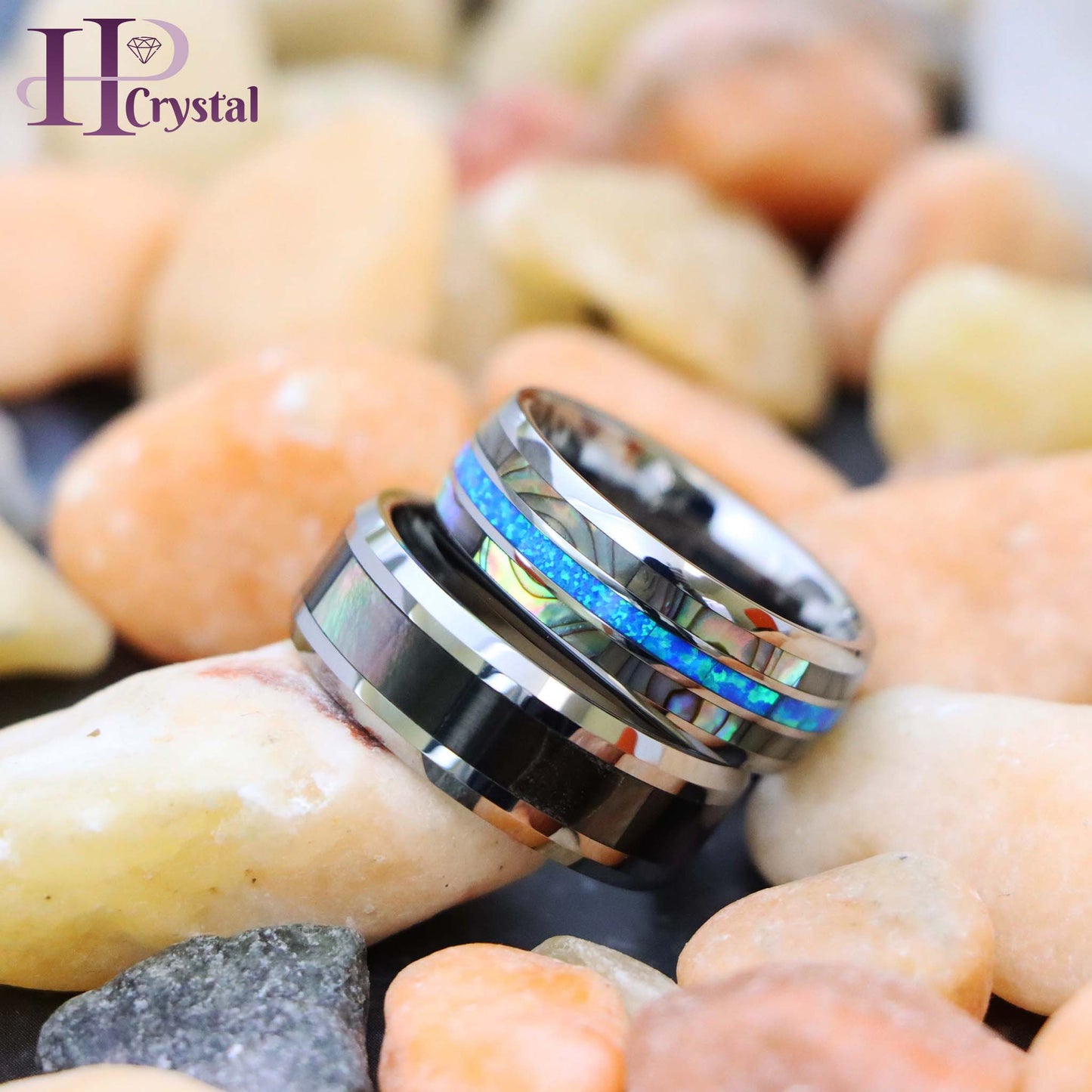 Natural Dark Mother of Pearl Inlay Beveled Edge Tungsten Ring, Domed Ring with Opal & Mother of Pearl Inlay Tungsten Ring - Men's Fashion Jewelry