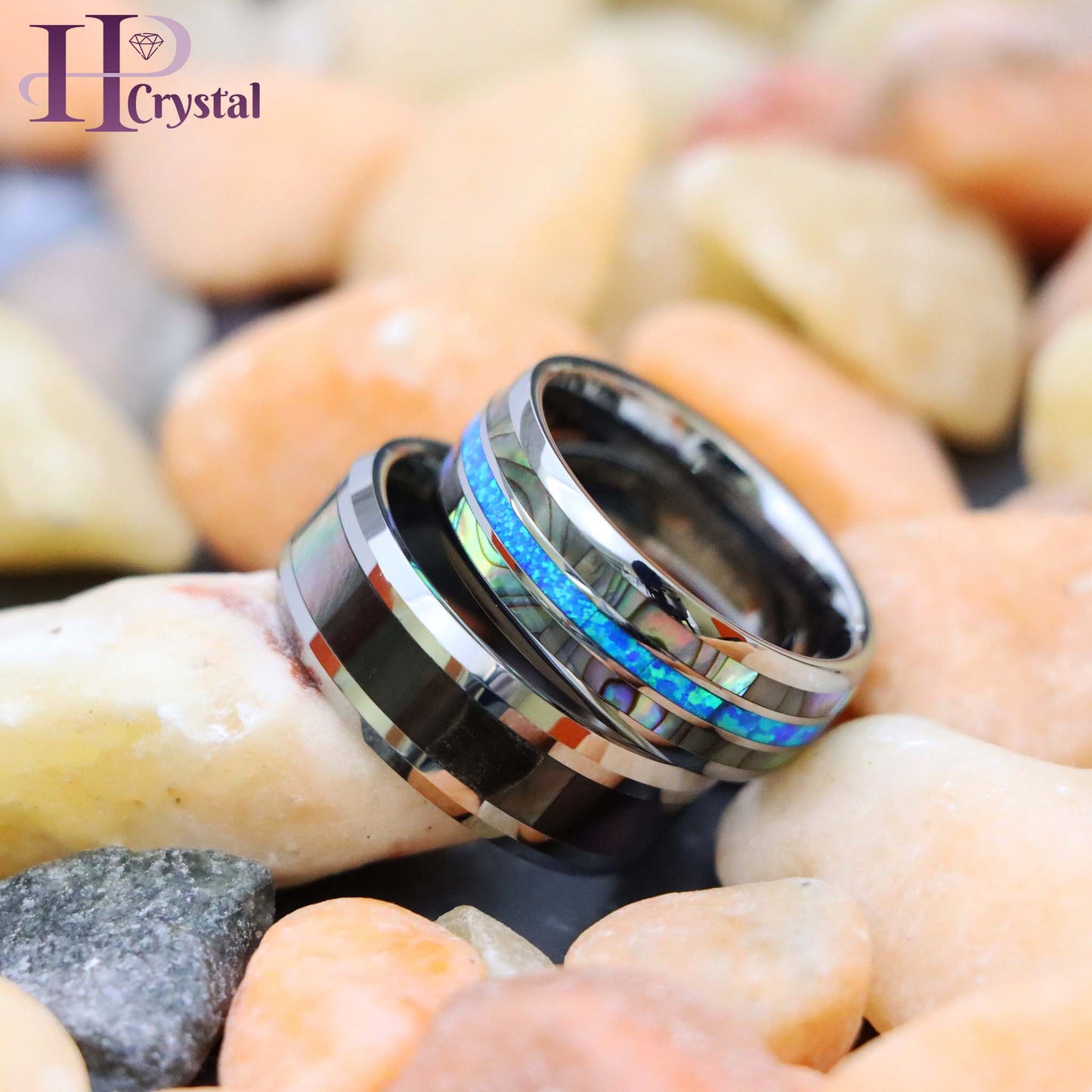 Natural Dark Mother of Pearl Inlay Beveled Edge Tungsten Ring, Domed Ring with Opal & Mother of Pearl Inlay Tungsten Ring - Men's Fashion Jewelry