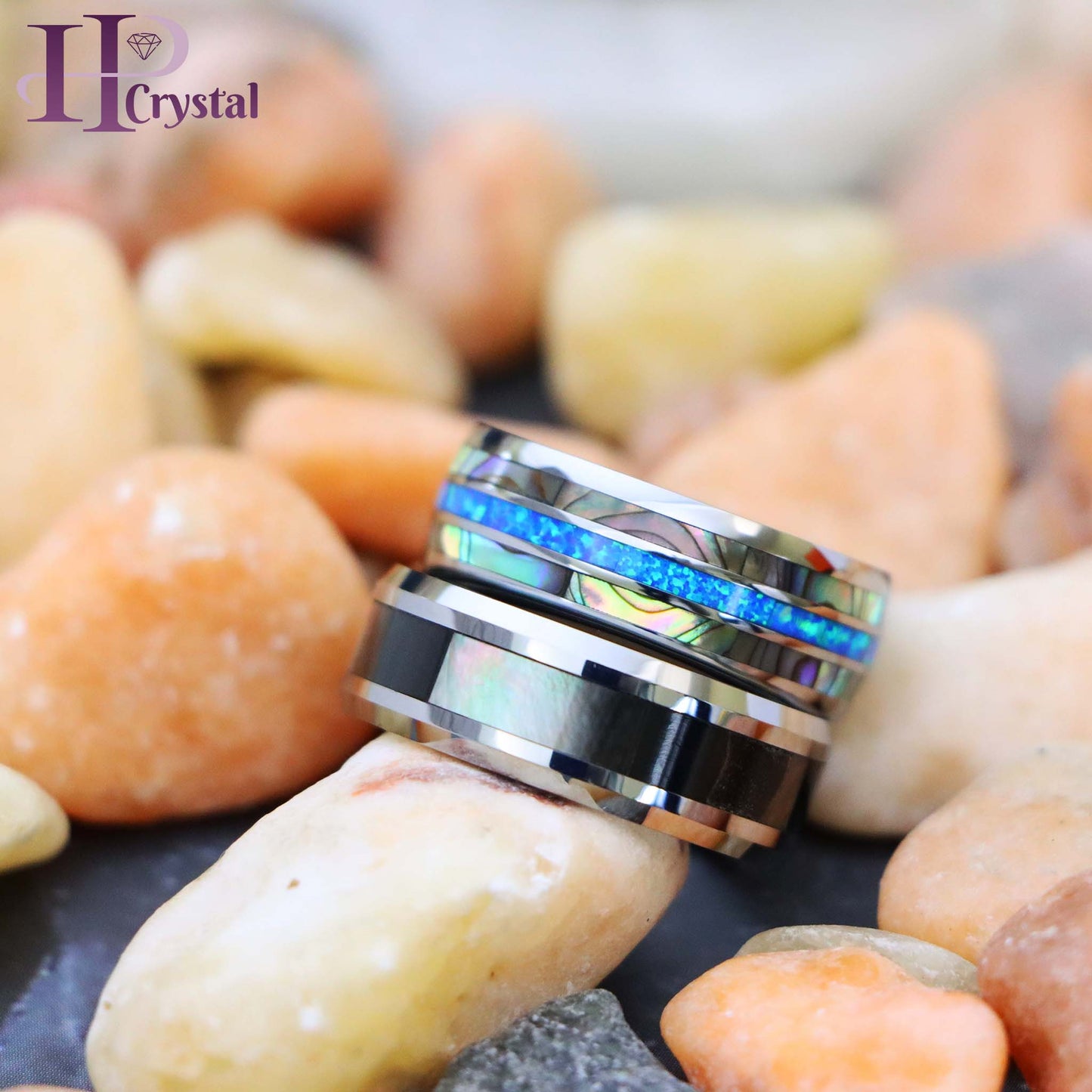 Natural Dark Mother of Pearl Inlay Beveled Edge Tungsten Ring, Domed Ring with Opal & Mother of Pearl Inlay Tungsten Ring - Men's Fashion Jewelry