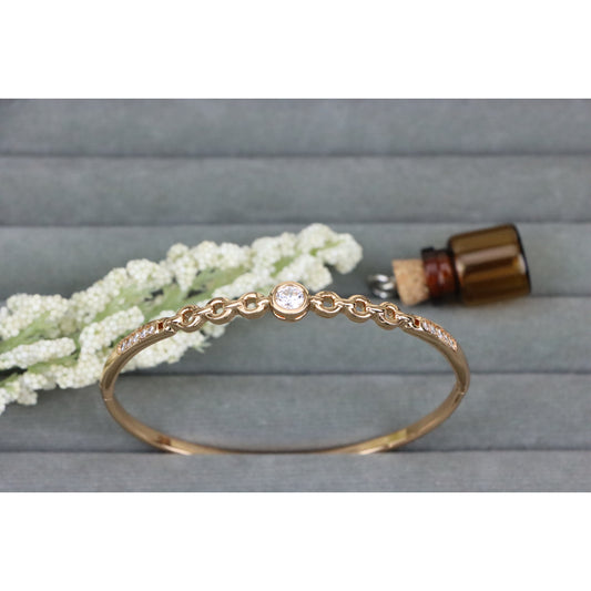 Elegant Rose Gold Bangle with Chain Link &amp; Solitaire Center Stone, XPBL0482 (2049-2)