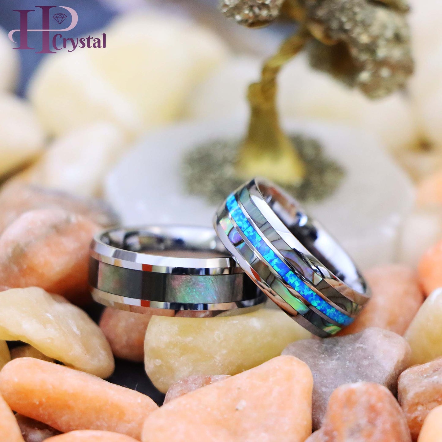 Natural Dark Mother of Pearl Inlay Beveled Edge Tungsten Ring, Domed Ring with Opal & Mother of Pearl Inlay Tungsten Ring - Men's Fashion Jewelry