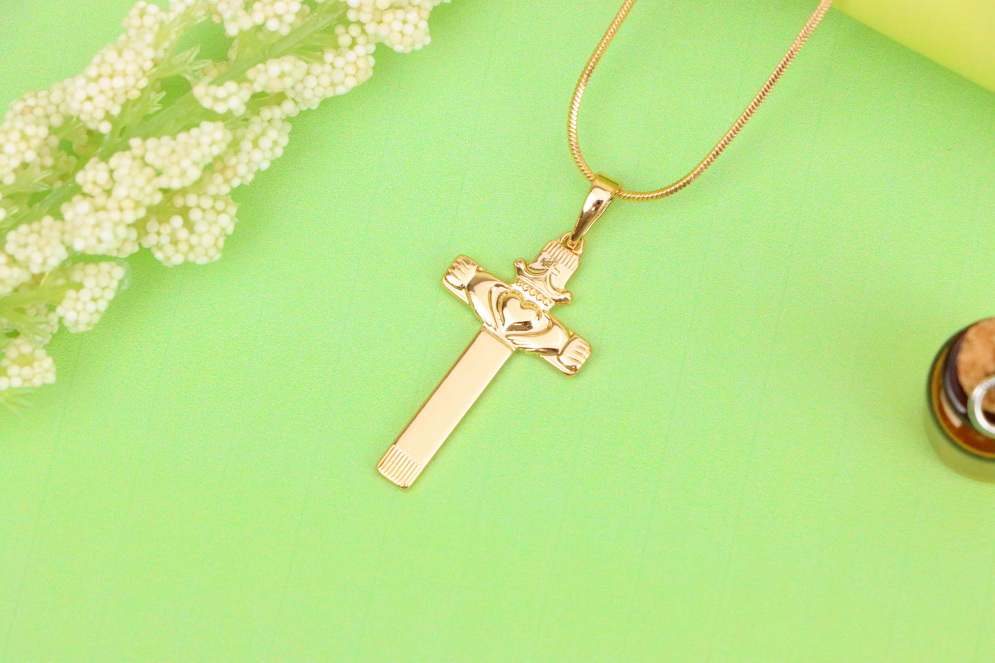Rose Gold Claddagh Cross Pendant with Crowned Heart and Hands Detail, XPPT1603 (2147-6)