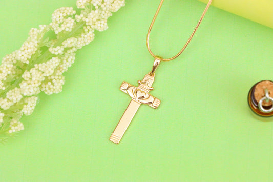 Rose Gold Claddagh Cross Pendant with Crowned Heart and Hands Detail, XPPT1603 (2147-6)