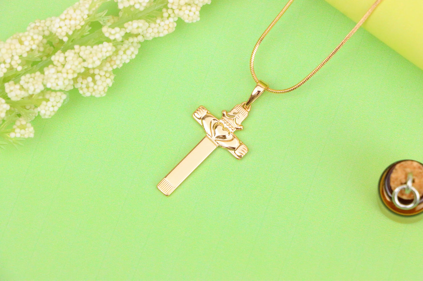 Rose Gold Claddagh Cross Pendant with Crowned Heart and Hands Detail, XPPT1603 (2147-6)