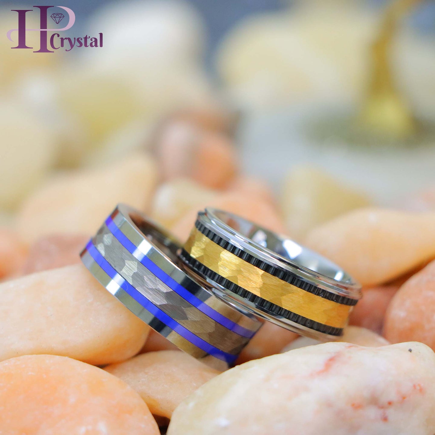 Pipe-Cut Hammered Center with Two Blue Hue/Bluish Trims Shiny Edges Tungsten Ring Yellow Gold IP Hammered Center with Black IP Plated Stripes Tungsten Ring