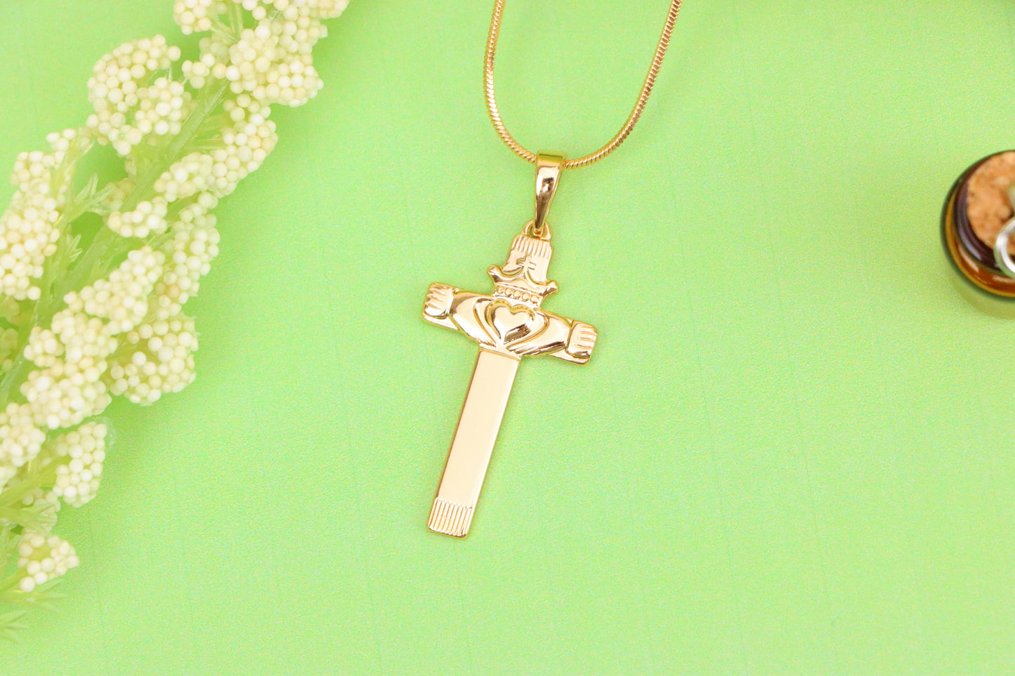 Rose Gold Claddagh Cross Pendant with Crowned Heart and Hands Detail, XPPT1603 (2147-6)