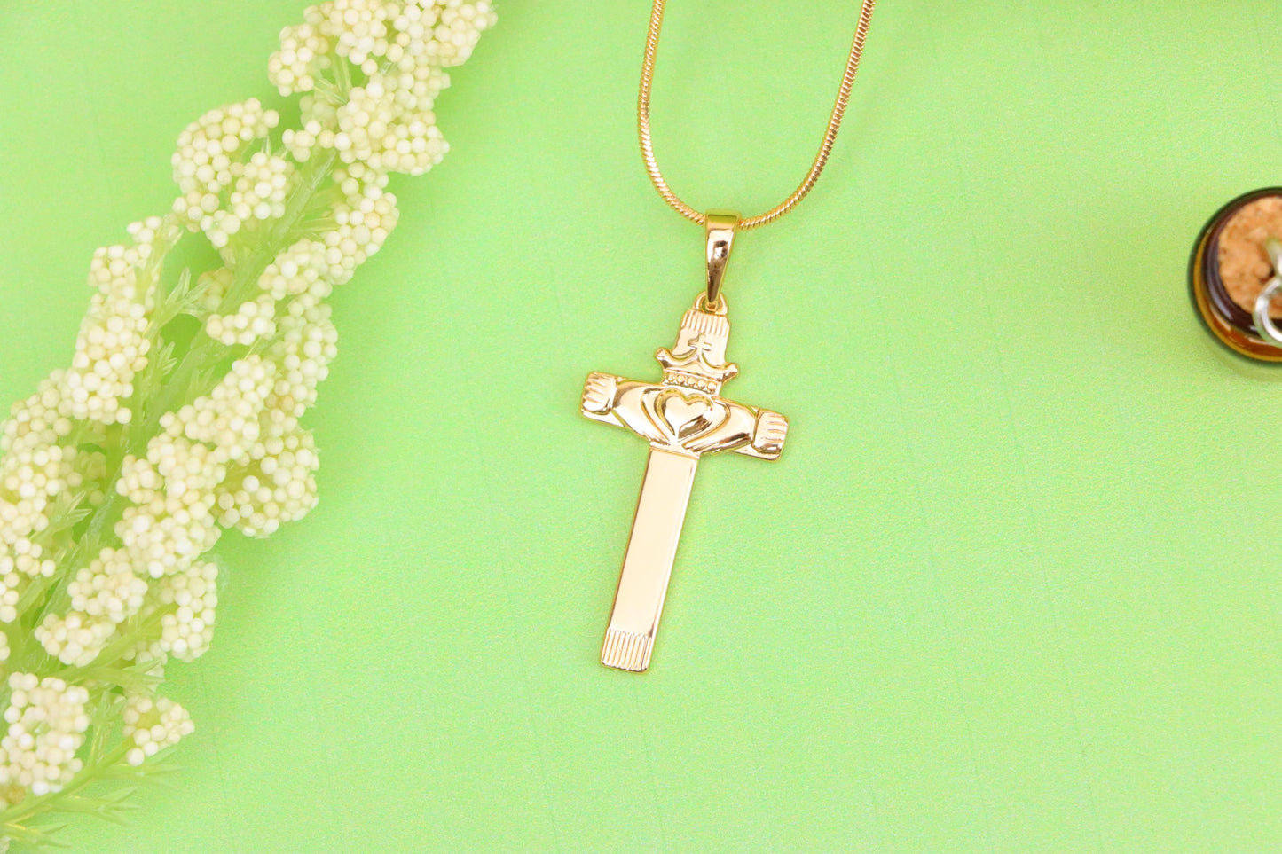 Rose Gold Claddagh Cross Pendant with Crowned Heart and Hands Detail, XPPT1603 (2147-6)