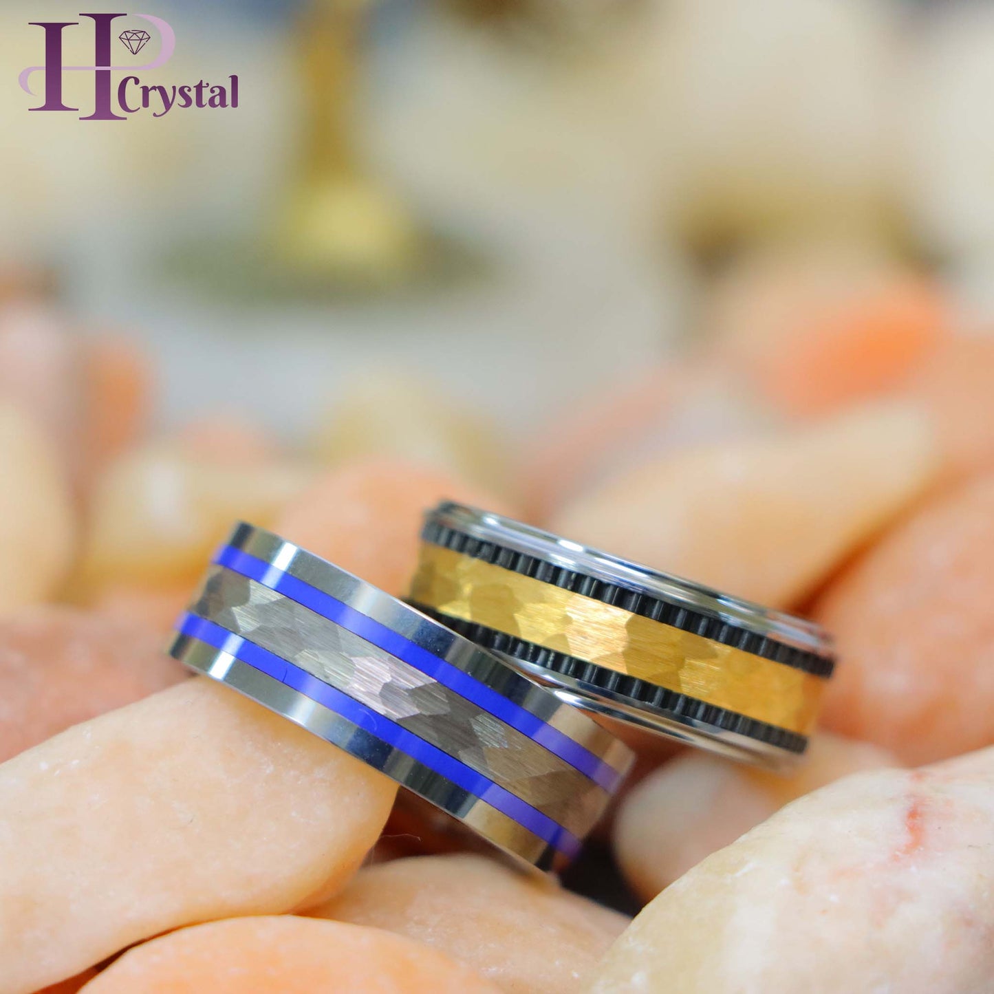 Pipe-Cut Hammered Center with Two Blue Hue/Bluish Trims Shiny Edges Tungsten Ring Yellow Gold IP Hammered Center with Black IP Plated Stripes Tungsten Ring