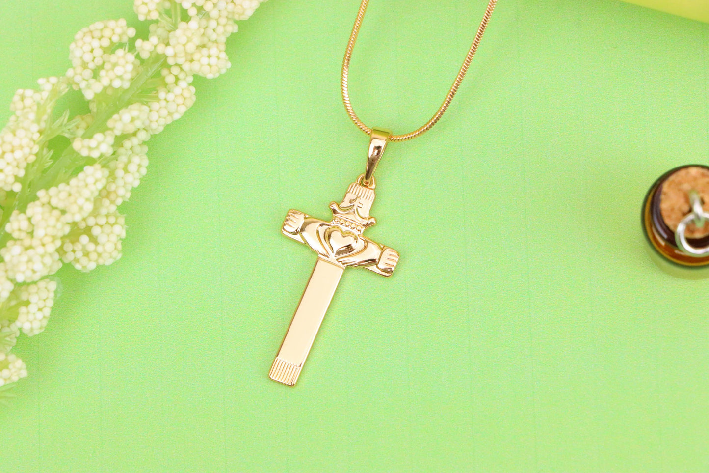 Rose Gold Claddagh Cross Pendant with Crowned Heart and Hands Detail, XPPT1603 (2147-6)
