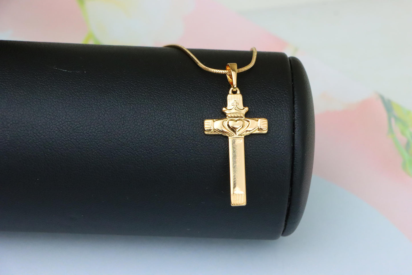 Rose Gold Claddagh Cross Pendant with Crowned Heart and Hands Detail, XPPT1603 (2147-6)