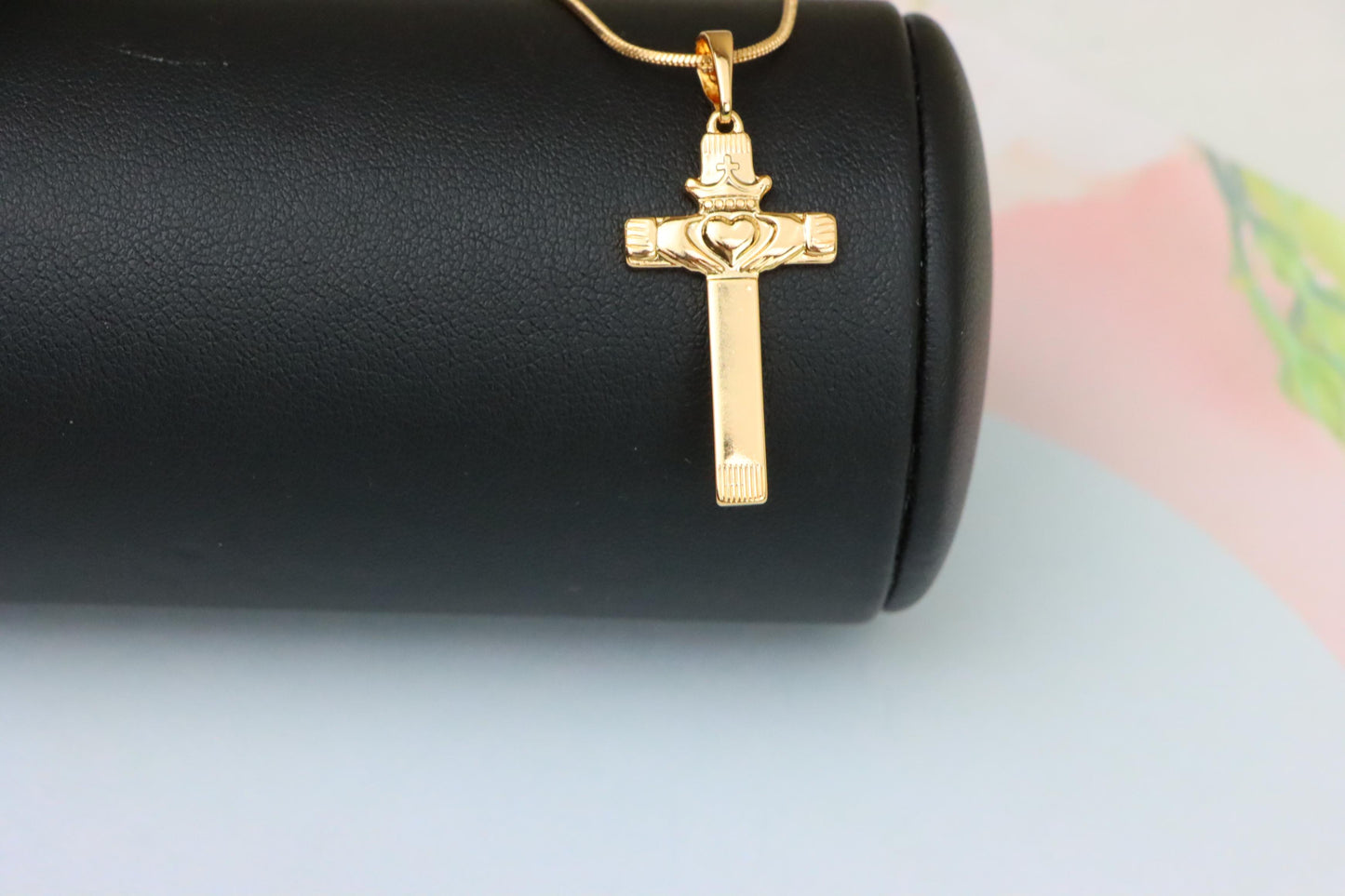 Rose Gold Claddagh Cross Pendant with Crowned Heart and Hands Detail, XPPT1603 (2147-6)