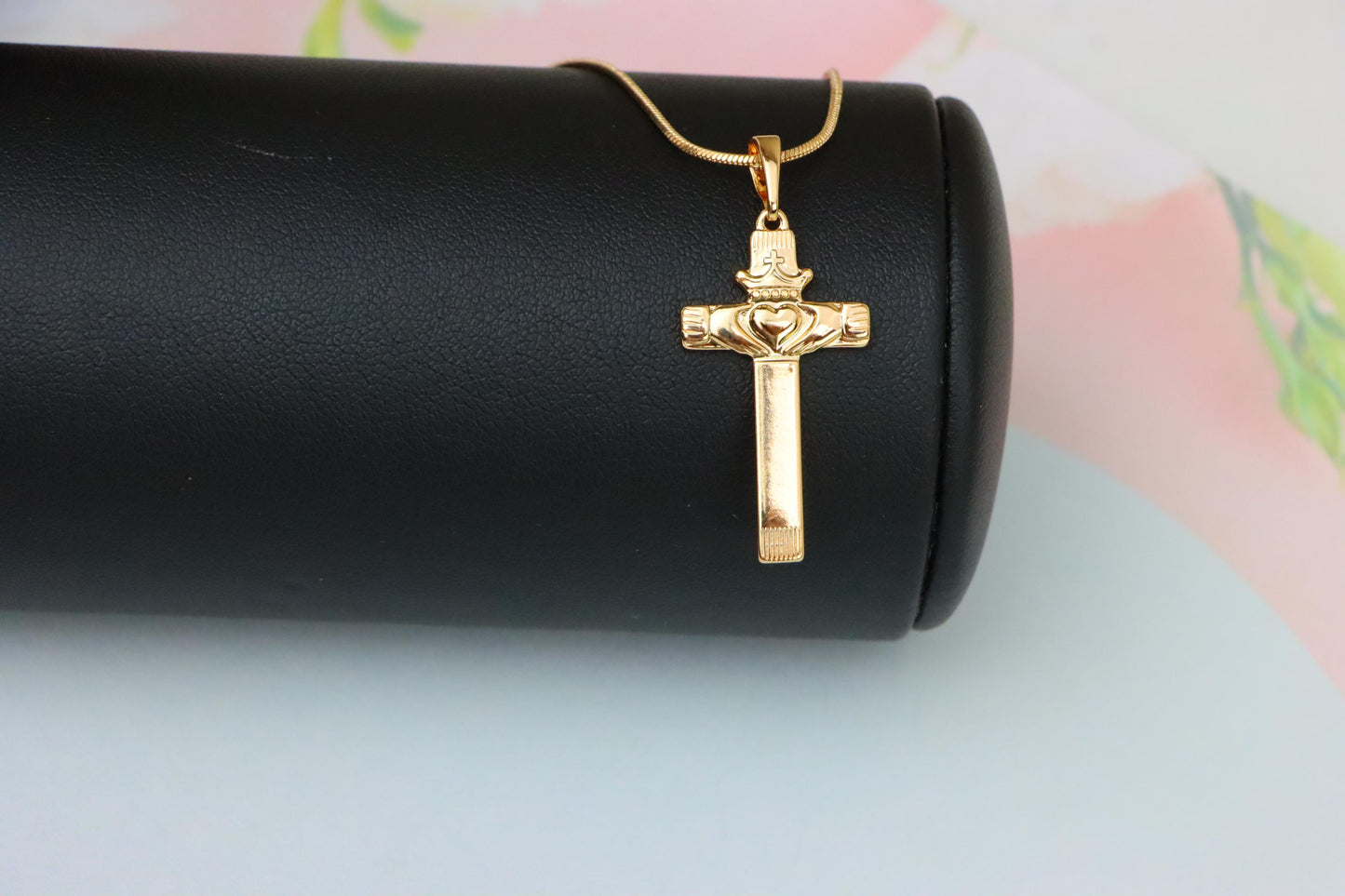 Rose Gold Claddagh Cross Pendant with Crowned Heart and Hands Detail, XPPT1603 (2147-6)