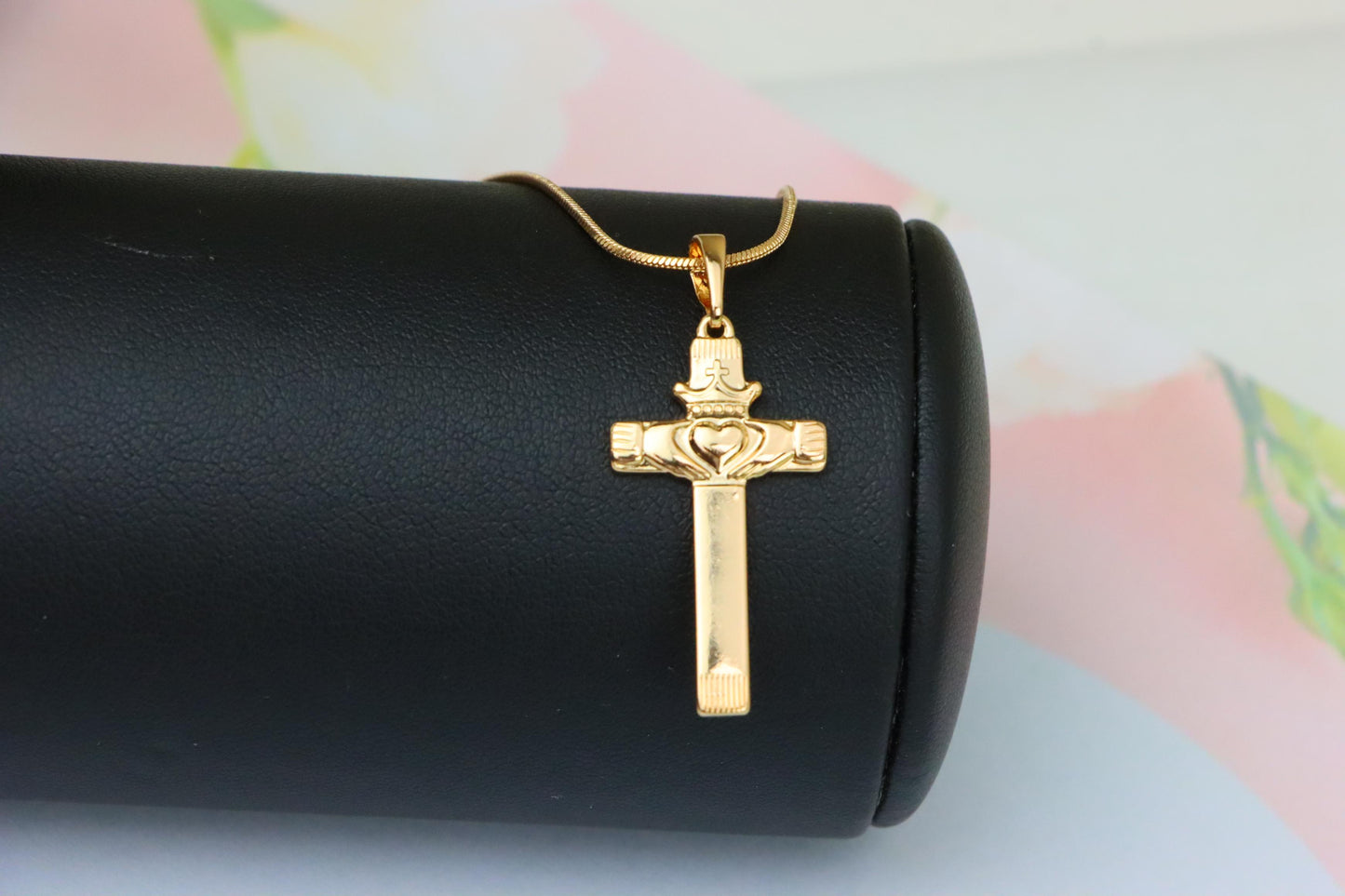 Rose Gold Claddagh Cross Pendant with Crowned Heart and Hands Detail, XPPT1603 (2147-6)
