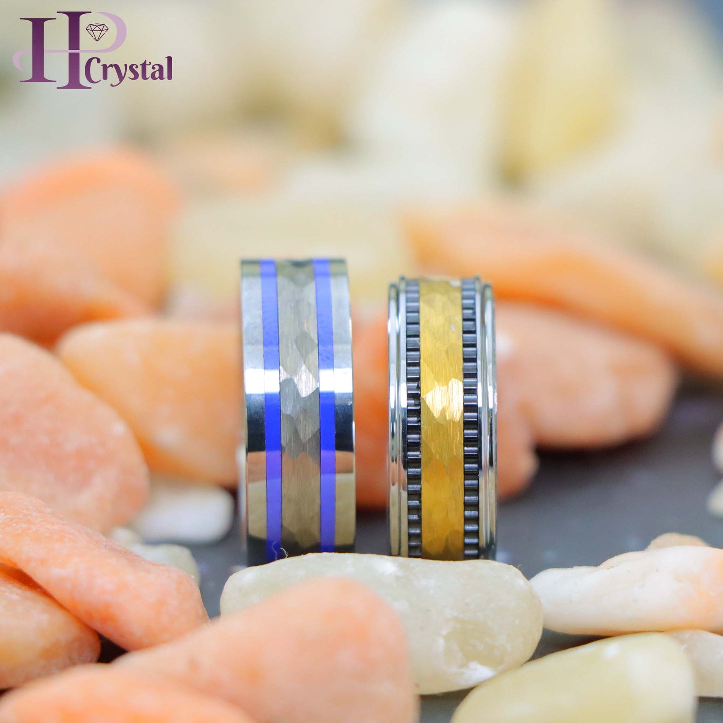 Pipe-Cut Hammered Center with Two Blue Hue/Bluish Trims Shiny Edges Tungsten Ring Yellow Gold IP Hammered Center with Black IP Plated Stripes Tungsten Ring