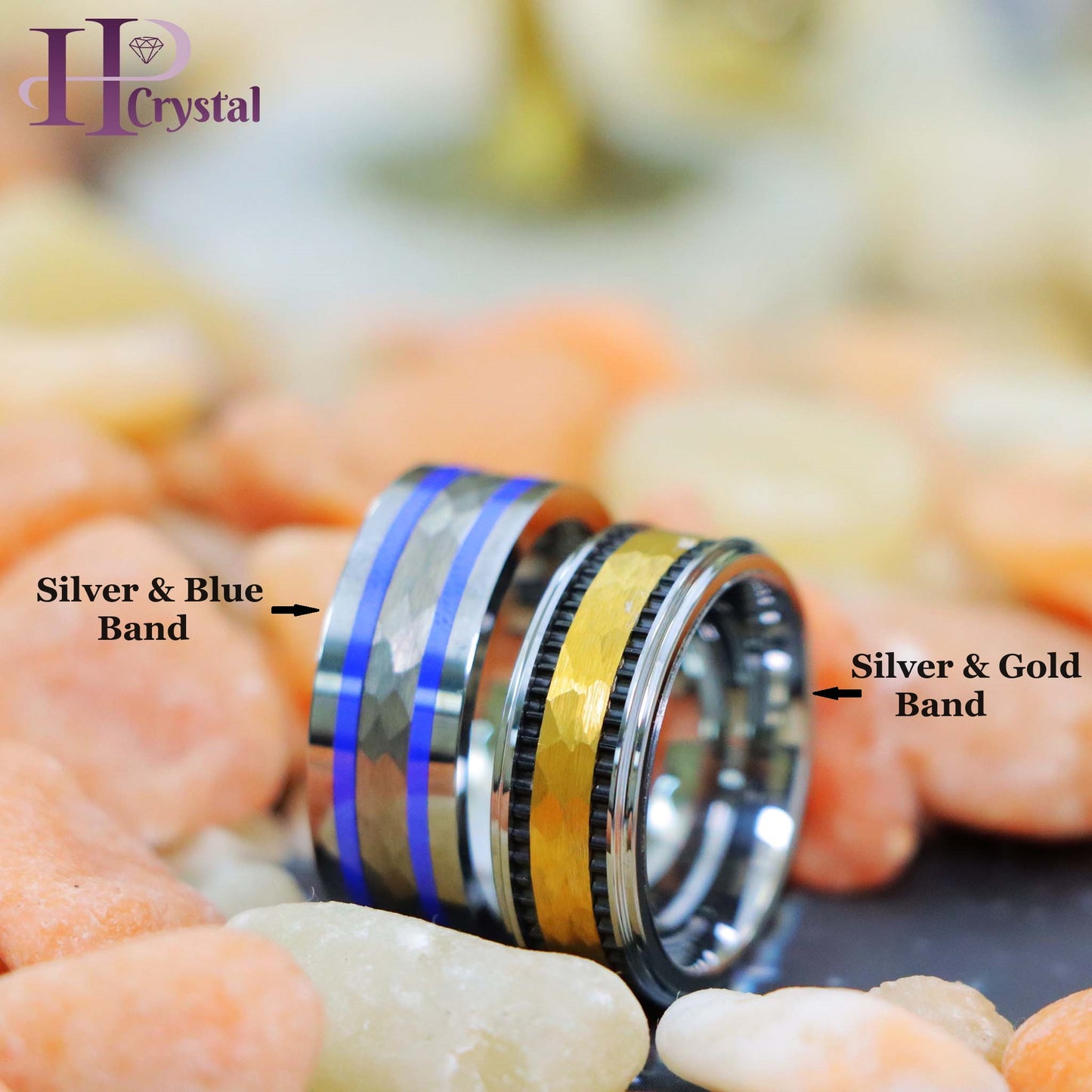 Pipe-Cut Hammered Center with Two Blue Hue/Bluish Trims Shiny Edges Tungsten Ring Yellow Gold IP Hammered Center with Black IP Plated Stripes Tungsten Ring