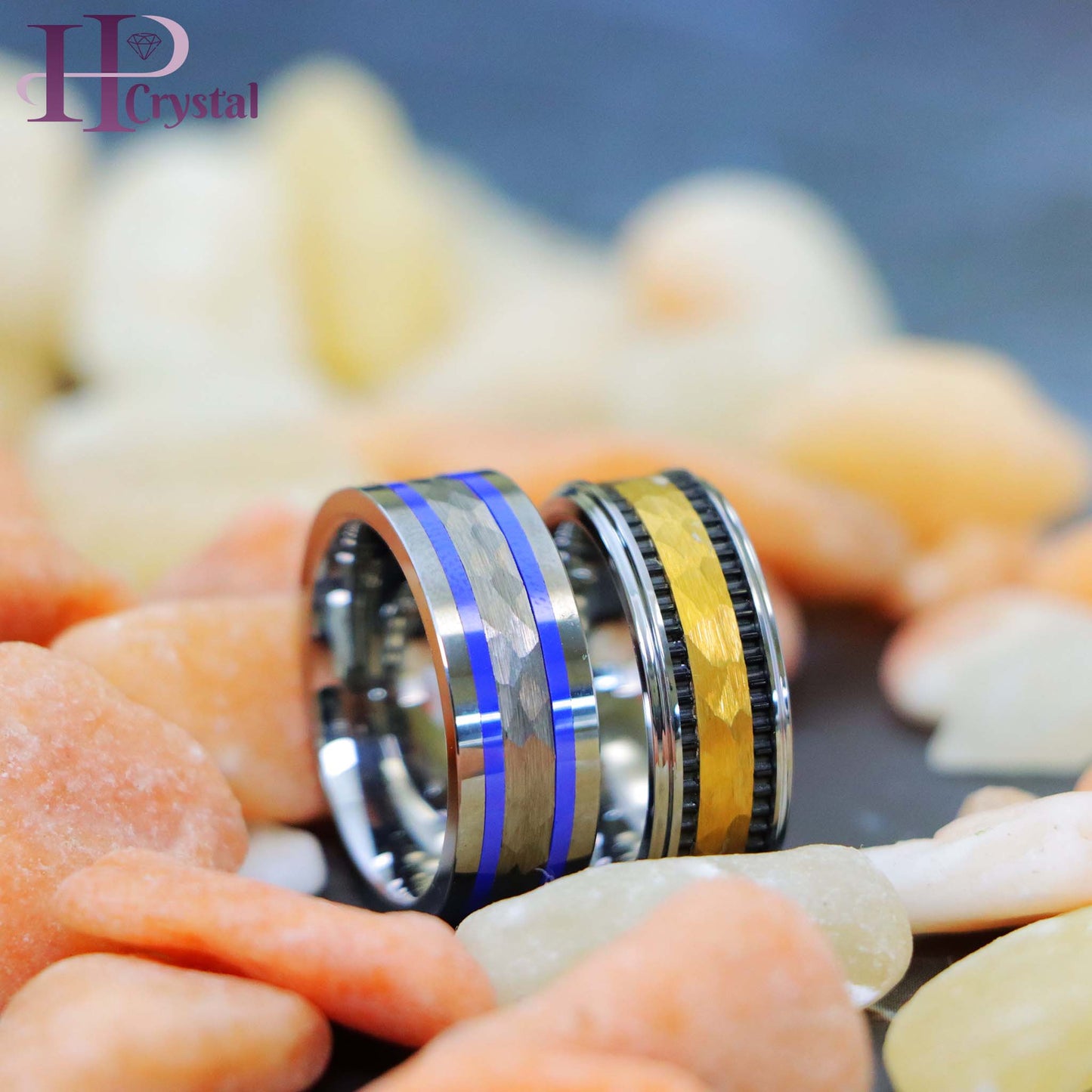 Pipe-Cut Hammered Center with Two Blue Hue/Bluish Trims Shiny Edges Tungsten Ring Yellow Gold IP Hammered Center with Black IP Plated Stripes Tungsten Ring