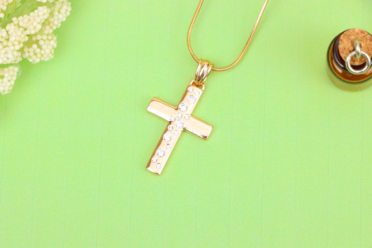 Rose Gold Cross Pendant with White Stones in Vertical Pattern Design, XPPT1605 (2147-8)