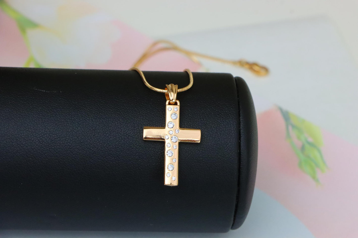 Rose Gold Cross Pendant with White Stones in Vertical Pattern Design, XPPT1605 (2147-8)