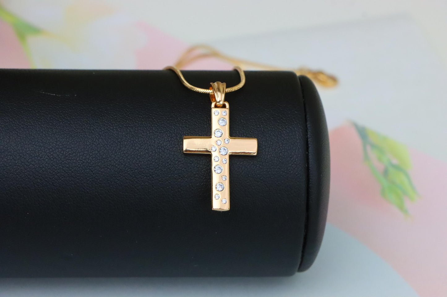 Rose Gold Cross Pendant with White Stones in Vertical Pattern Design, XPPT1605 (2147-8)