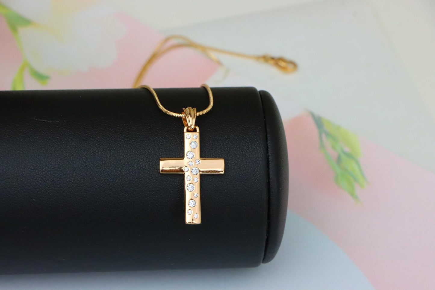 Rose Gold Cross Pendant with White Stones in Vertical Pattern Design, XPPT1605 (2147-8)
