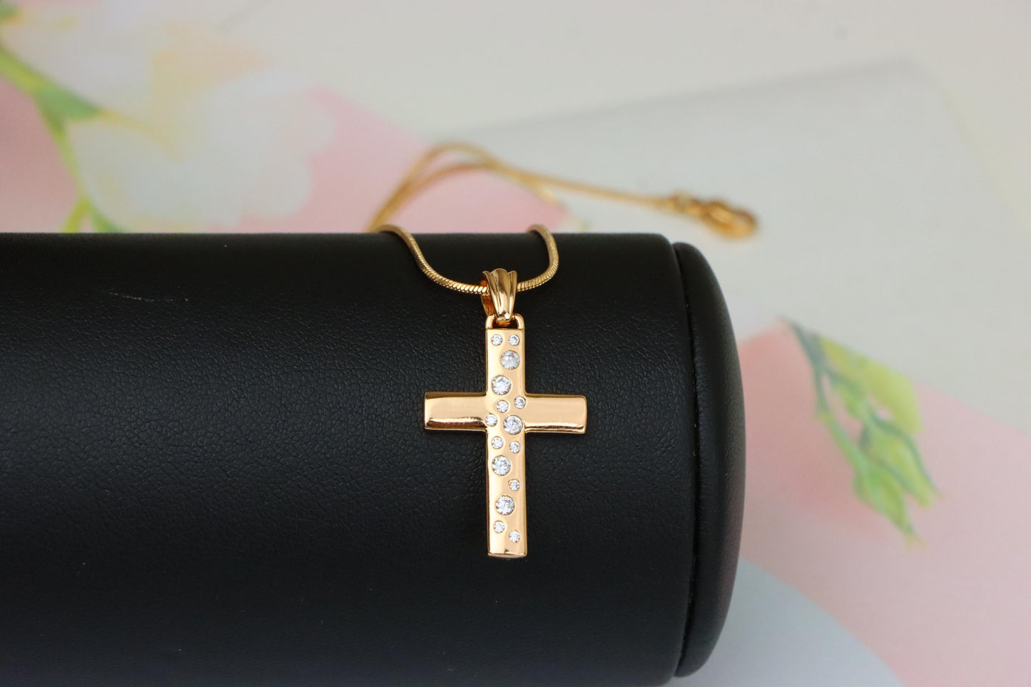 Rose Gold Cross Pendant with White Stones in Vertical Pattern Design, XPPT1605 (2147-8)