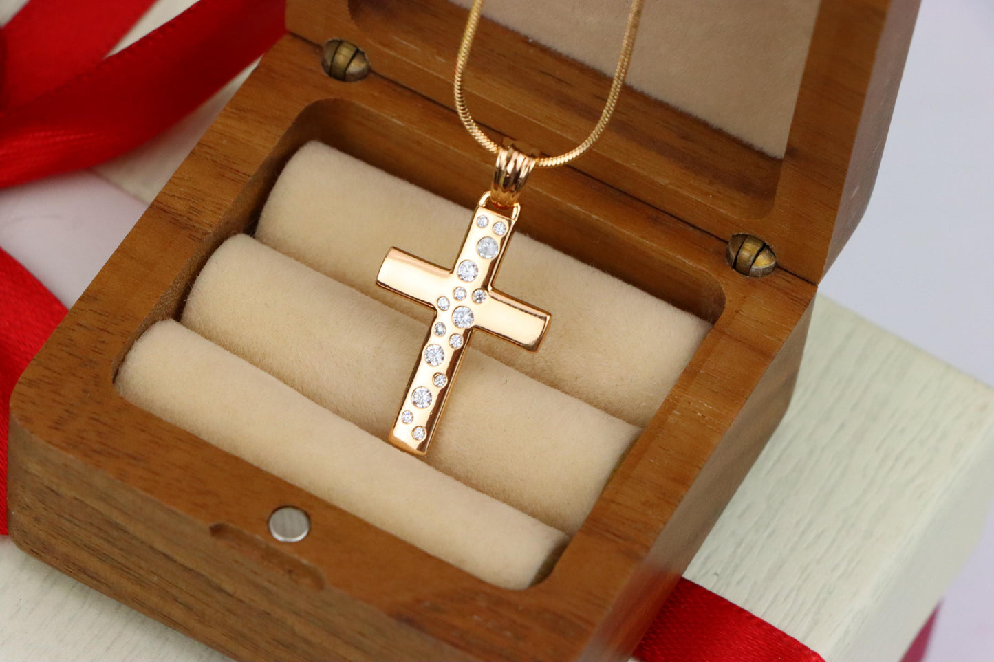 Rose Gold Cross Pendant with White Stones in Vertical Pattern Design, XPPT1605 (2147-8)