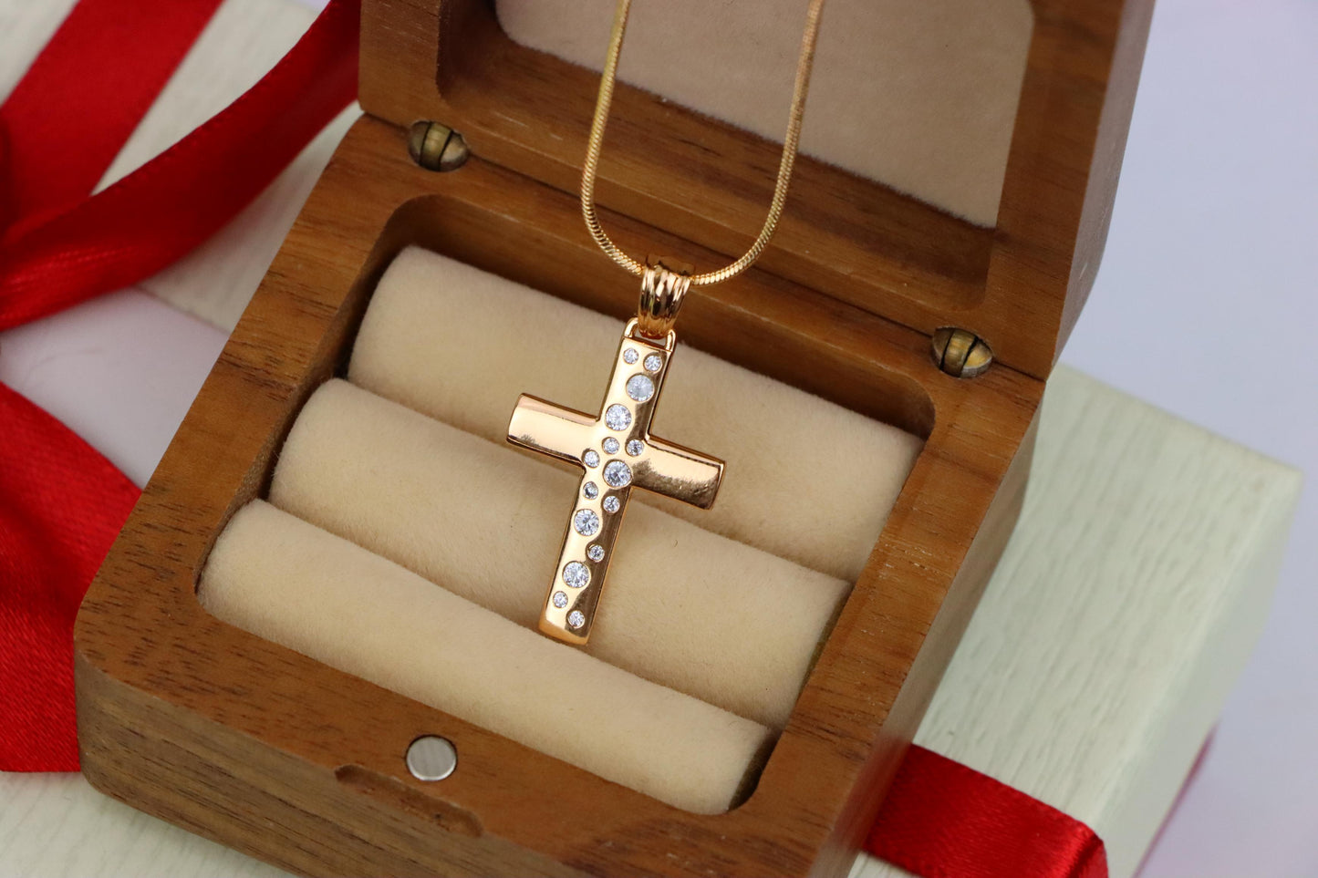 Rose Gold Cross Pendant with White Stones in Vertical Pattern Design, XPPT1605 (2147-8)