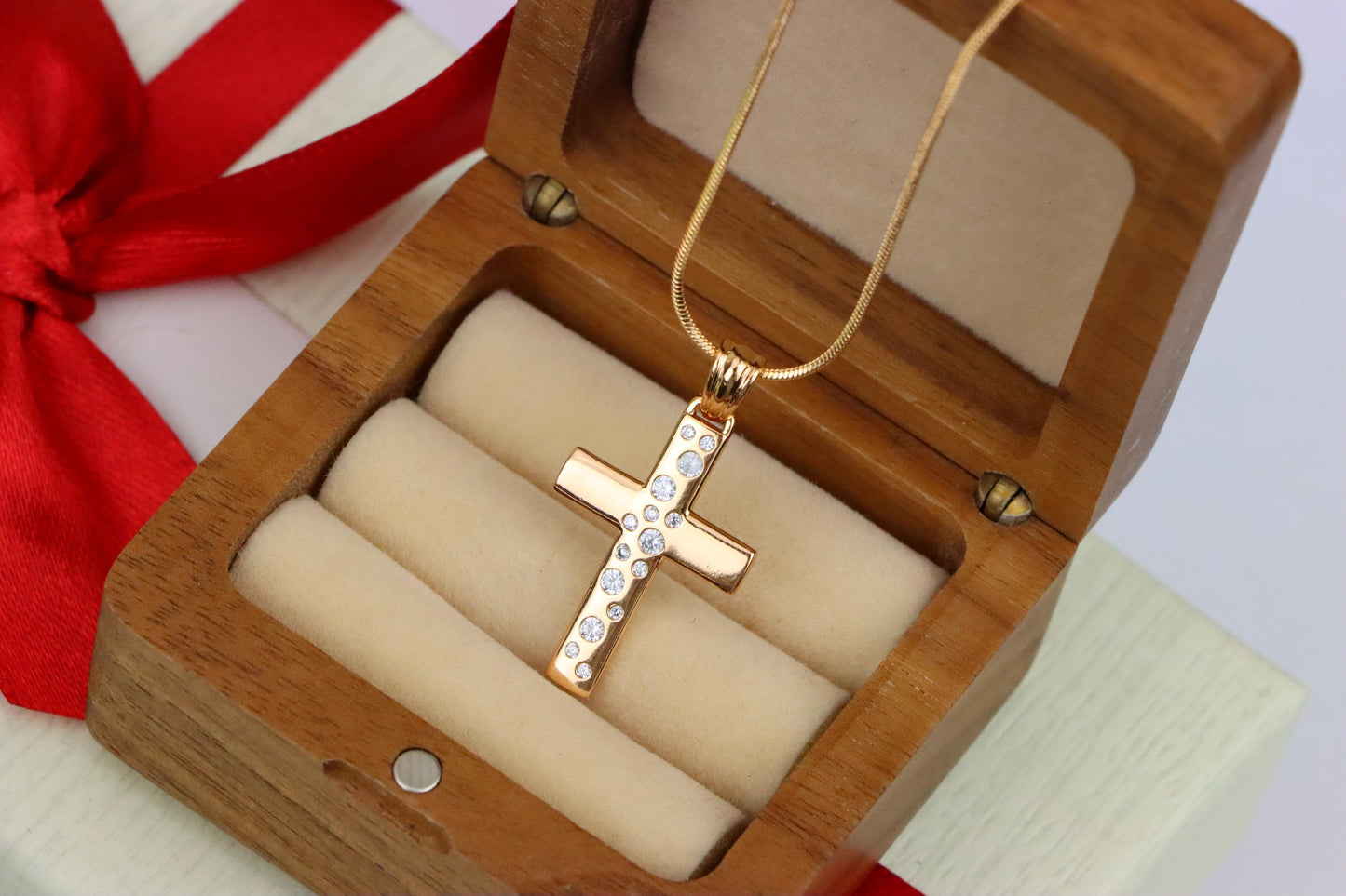Rose Gold Cross Pendant with White Stones in Vertical Pattern Design, XPPT1605 (2147-8)
